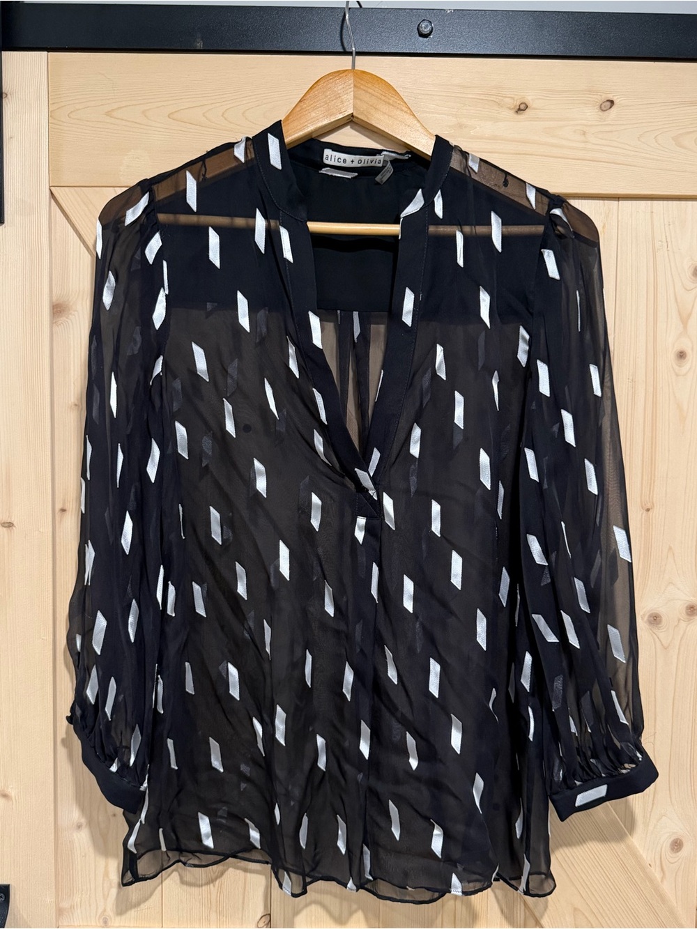 Gently Used Alice + Olivia Sheila Silk Blend Sheer Geometric Blouse, size medium